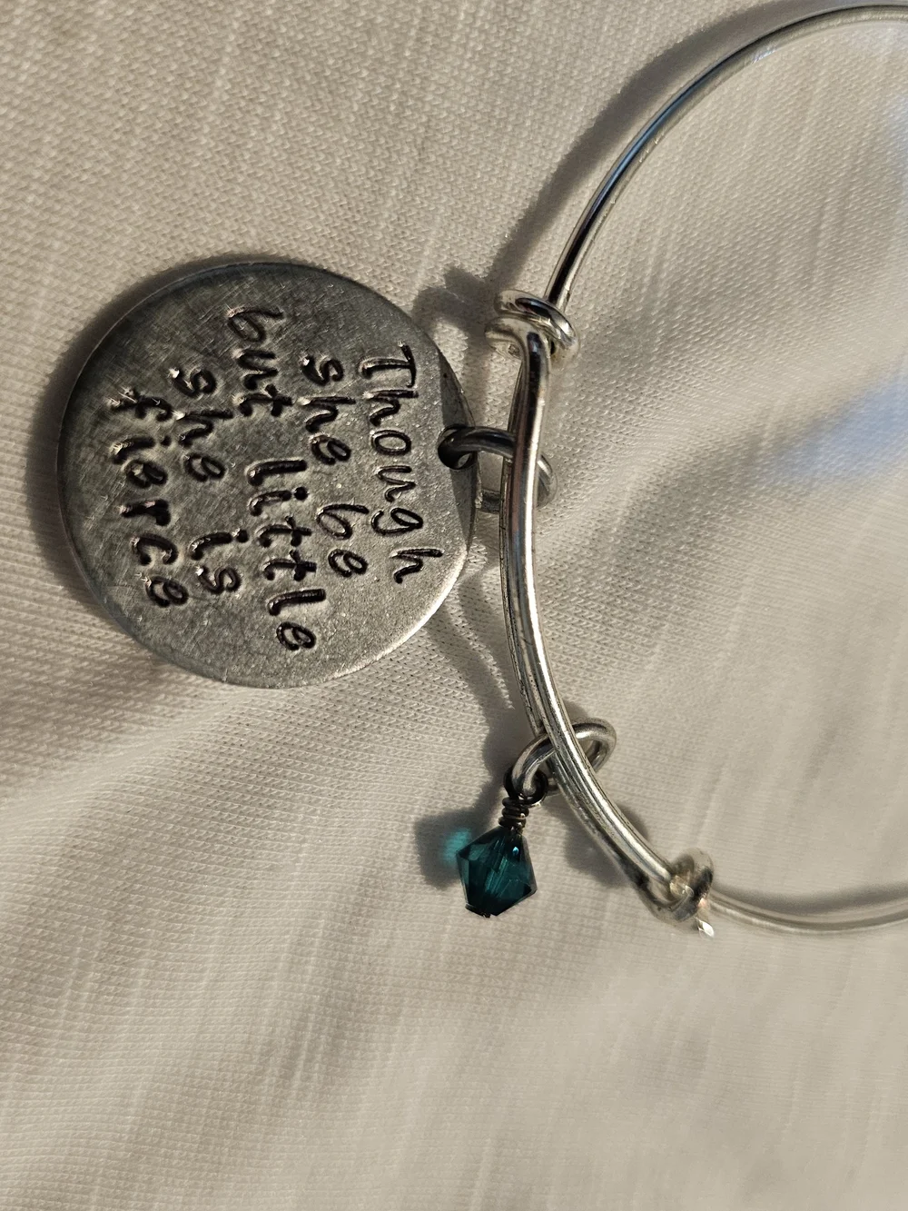 Silver Bangle Bracelet with Teal Crystal and Inspirational Disc